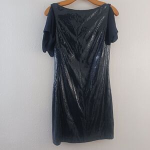 Halston Heritage open flare short sleeve blue sequin dress XS